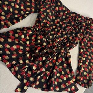 Holiday Blouse with flattering wrap waistband and deep neck and sheer sleeves